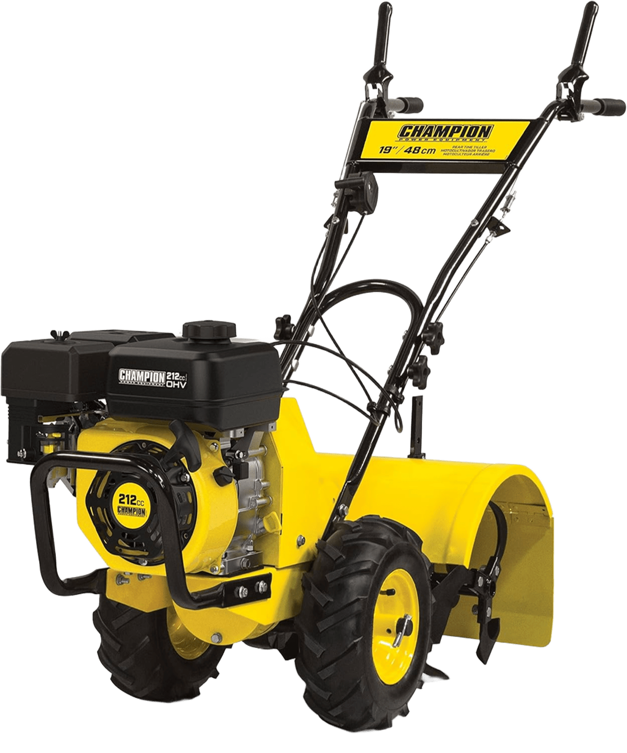 Champion Power Equipment 19-Inch Counter Rotating Rear Tine Tiller with Self-Propelled Agricultural Tires