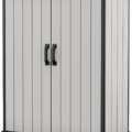 Keter Premier Tall Resin Outdoor Storage Shed with Shelving Brackets for Patio Furniture, Pool Accessories, and Bikes, Grey & Black